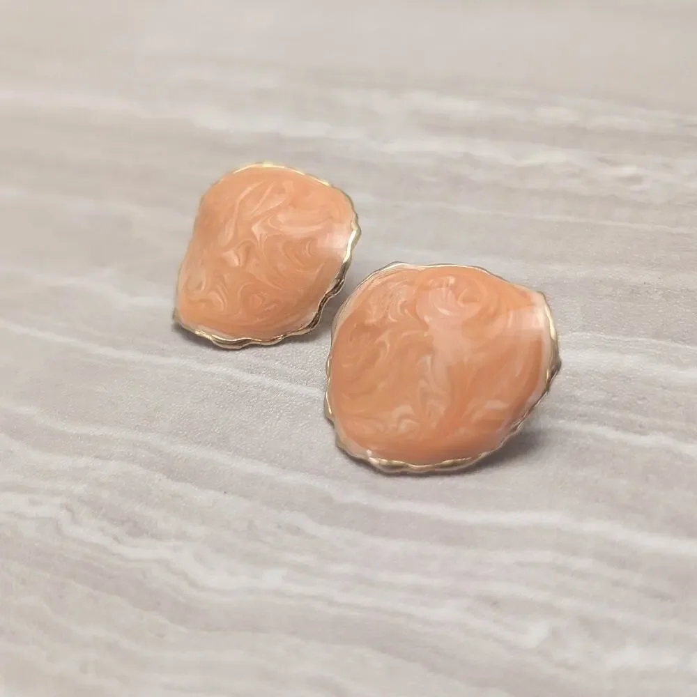 Vintage Stud Earrings Unusual Orange & Gold Tone Large Statement